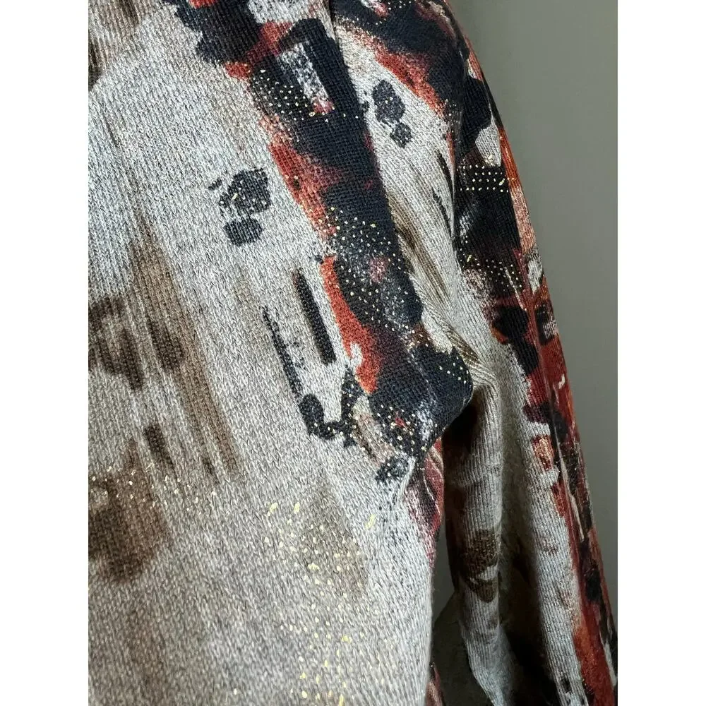 Susan‎ Lawrence Pullover Multicolor Brown Faux Leather Buckle Wrap Top Sweater S